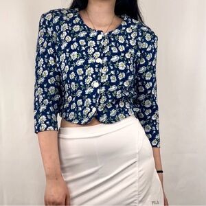 Vintage 80s En Chante Blue and Yellow Daisies Floral Cropped Blouse/Top